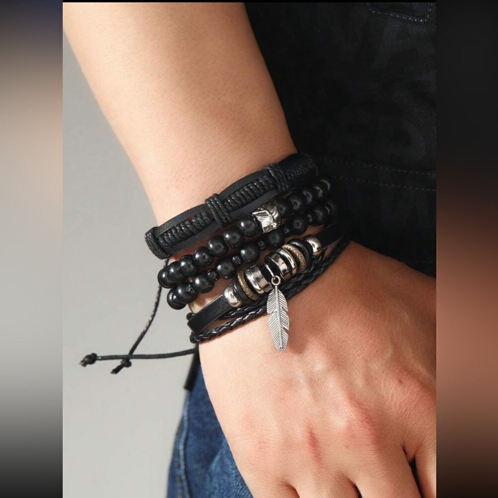 Set of 5 Black Beaded and Leather Bracelets with Feather Charm - Picture 3 of 5